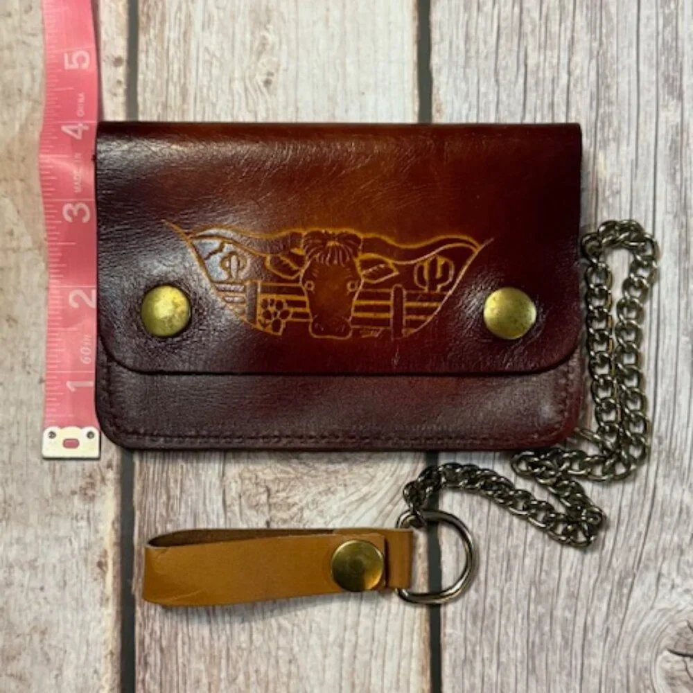 Vintage Tooled Leather Chain Wallet – Western Longhorn Steer Brown (BBL-07) NOS